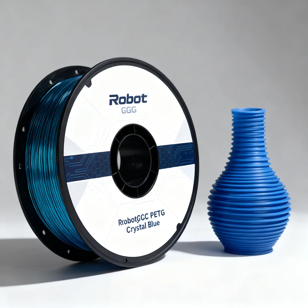 Spool of blue 3D printing filament with a blue vase on a gray background