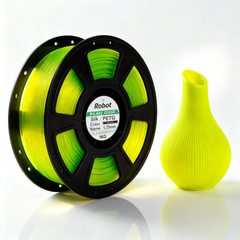 Spool of green 3D printing filament and a green 3D printed vase on a white background