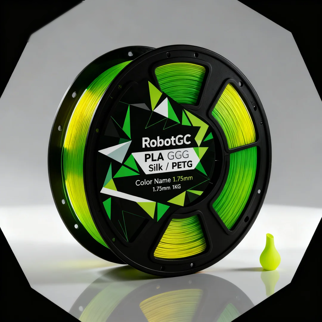Spool of green filament with RobotCC branding on a reflective surface