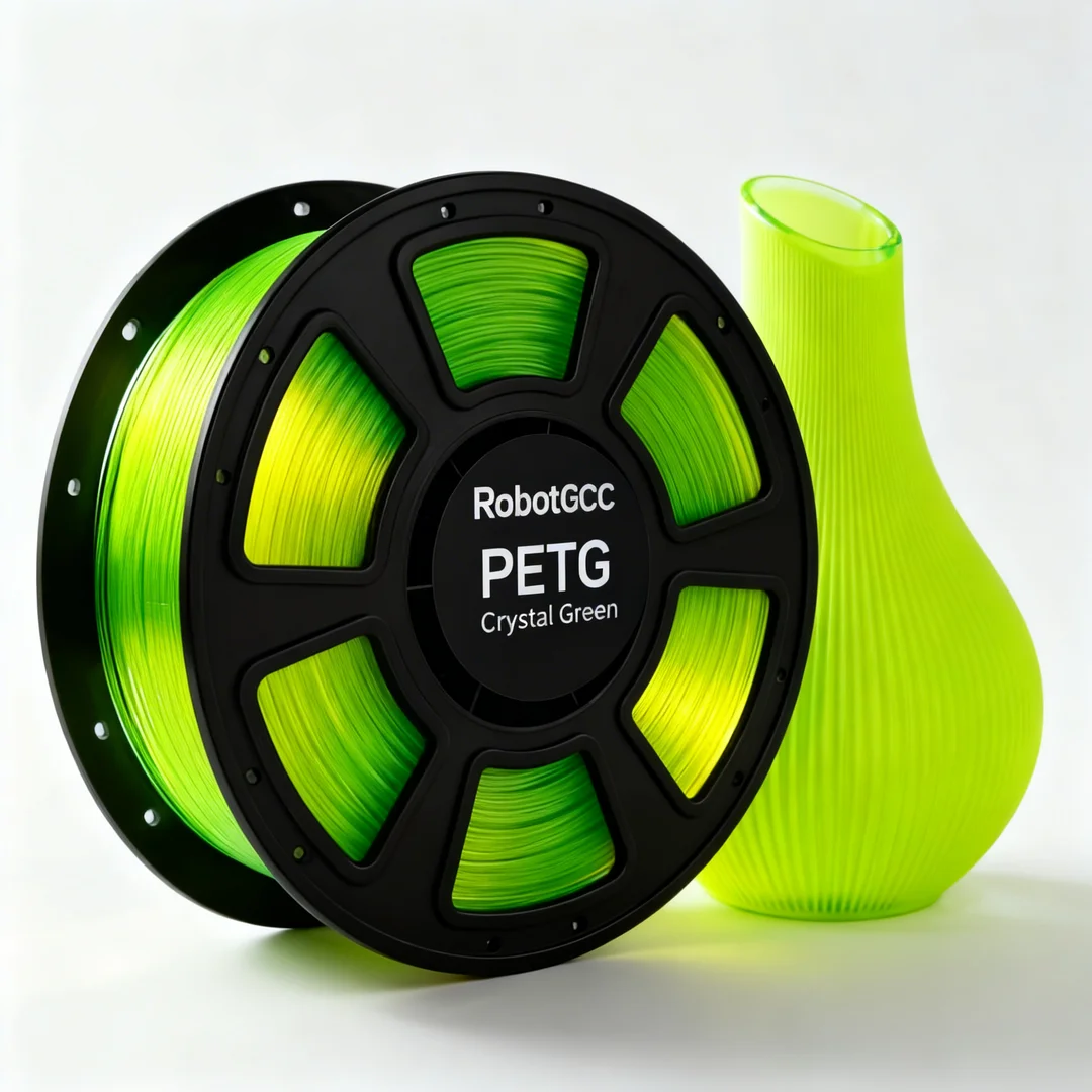 Spool of RobotGCC PETG Crystal Green filament next to a green 3D printed vase on a white background