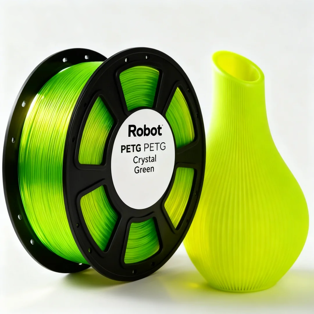 Spool of green 3D printing filament and a green 3D printed vase on a white background