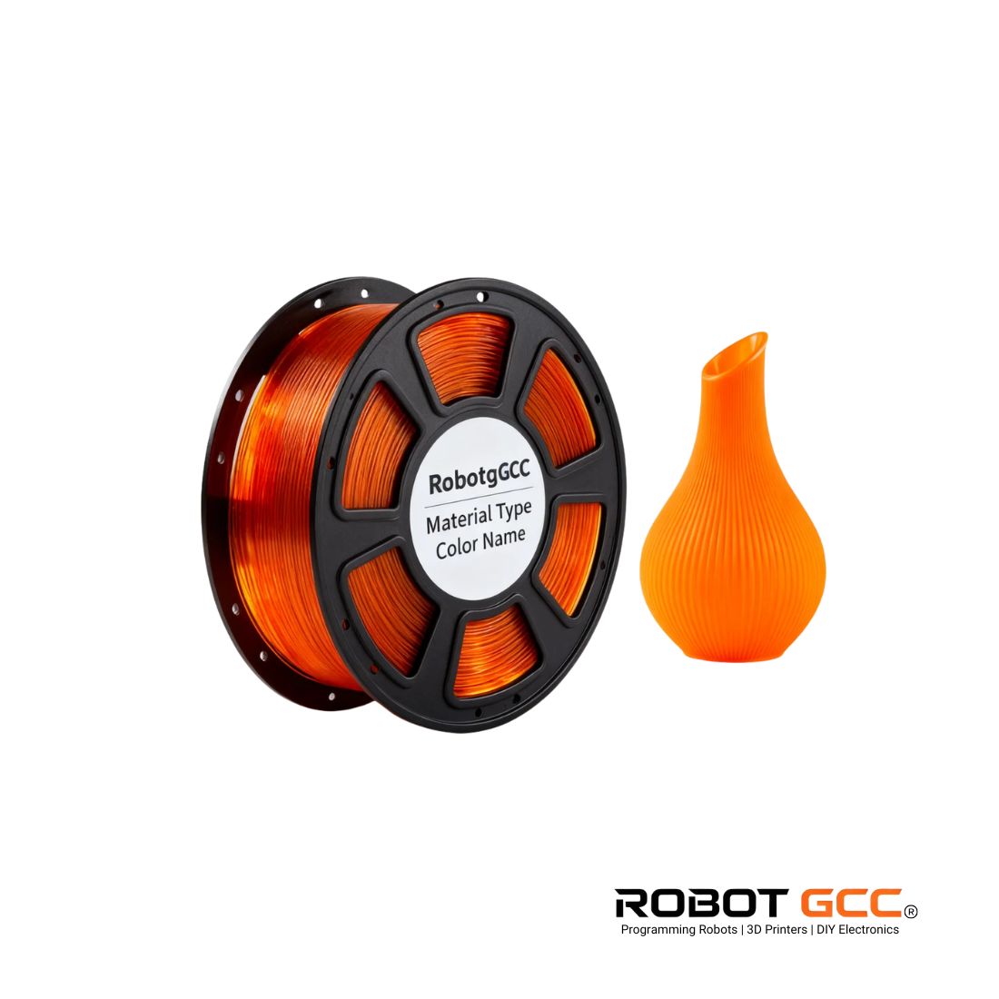 Spool of orange 3D printing filament with a printed object on a white background, featuring the RobotGCC brand.