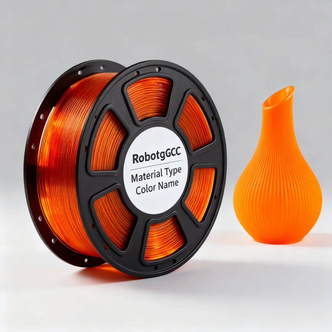 Spool of orange 3D printing filament with a printed orange vase on a gray background