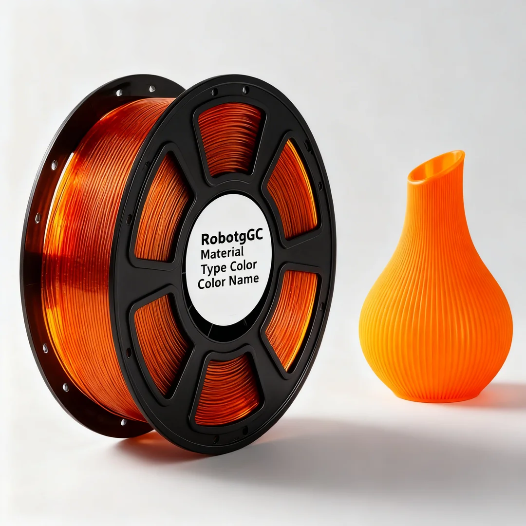 Spool of orange 3D printing filament with a completed orange vase on a white background