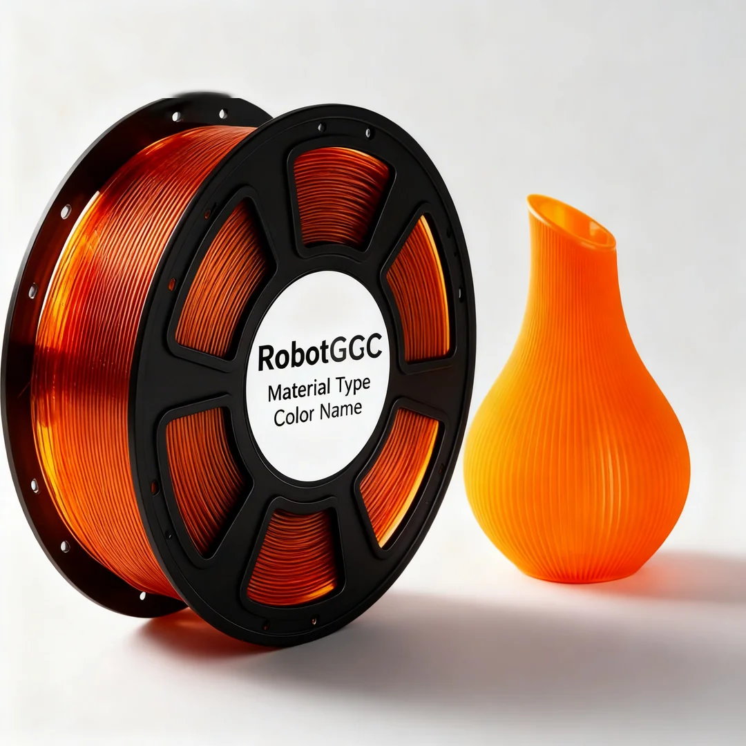 Spool of orange 3D printing filament with a printed orange vase on a white background