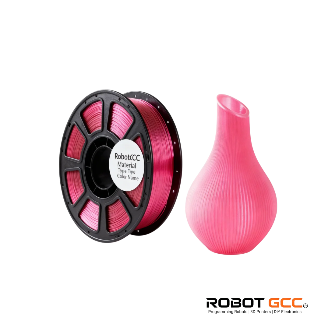 Spool of pink 3D printing filament and a pink 3D printed vase on a white background with Robot GCC branding.
