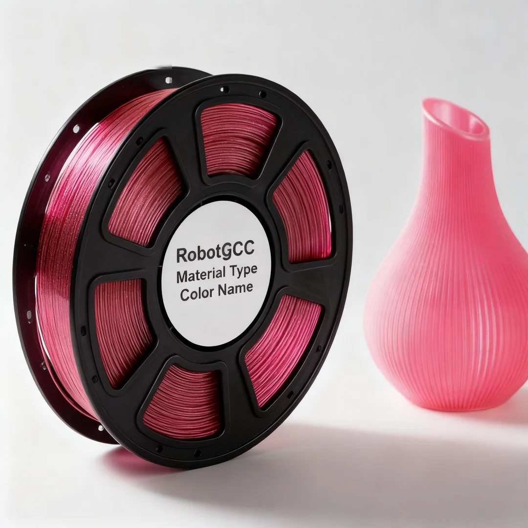 Spool of pink 3D printing filament with a pink vase on a white background