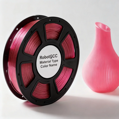Spool of pink 3D printing filament with a pink vase on a white background