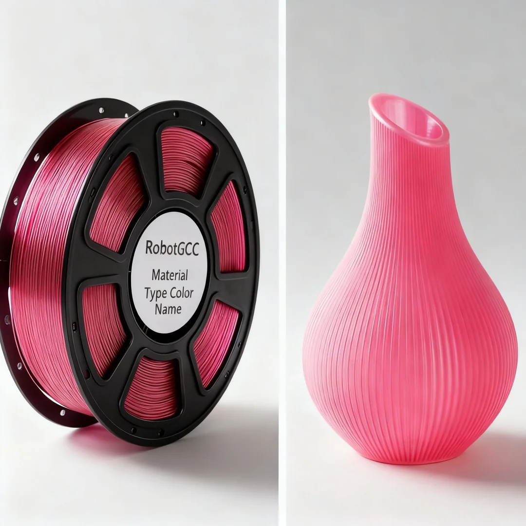 Spool of pink 3D printing filament and a pink 3D printed vase on a white background