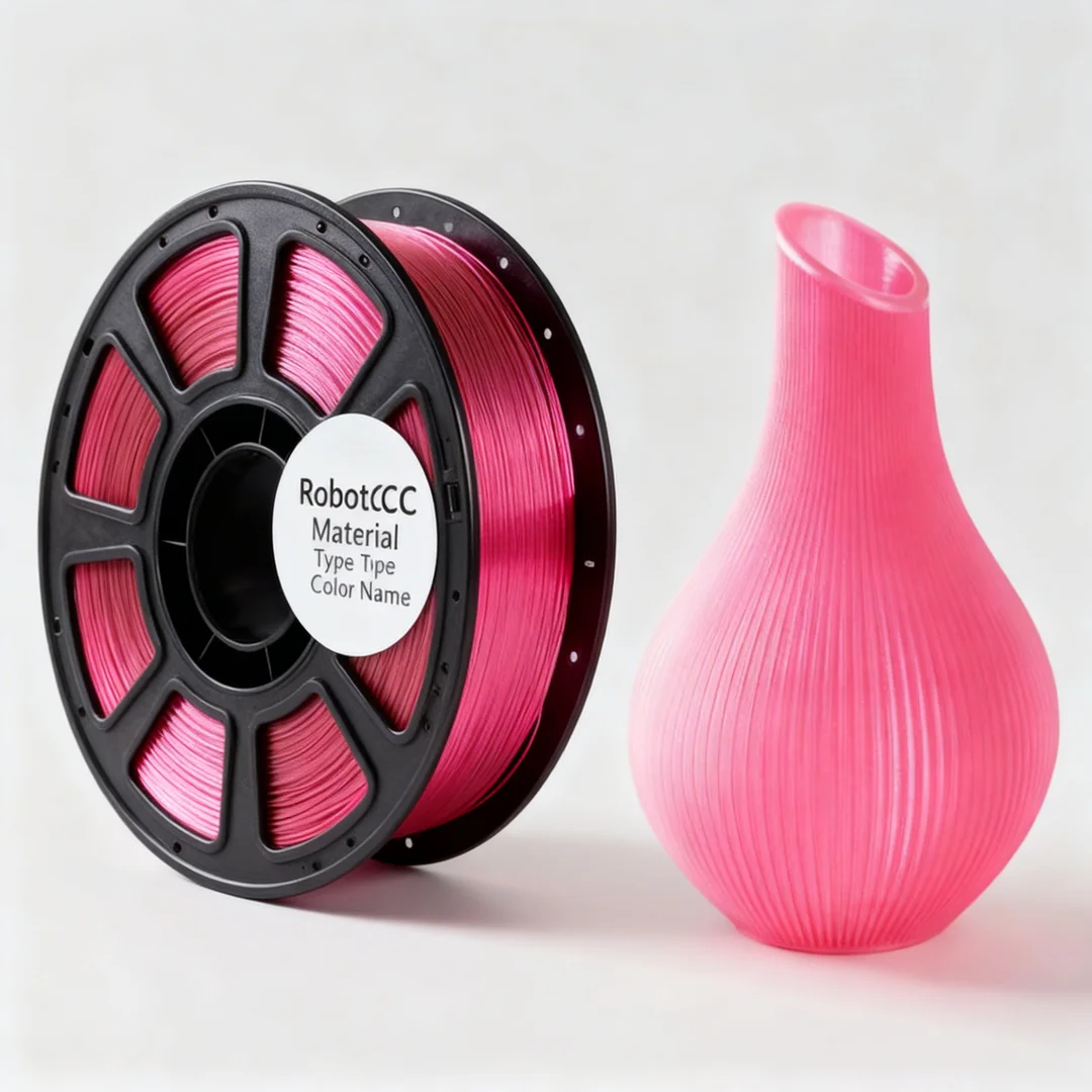 Spool of pink 3D printing filament and a pink vase on a white background