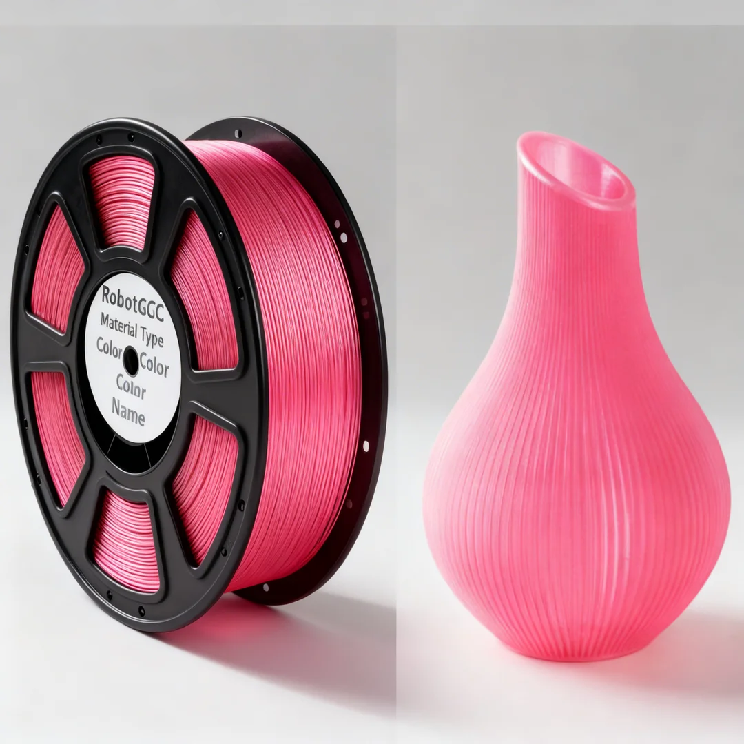 Spool of pink 3D printing filament and a pink vase on a white background