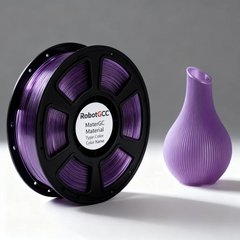 Spool of purple 3D printing filament and a purple vase on a gray background