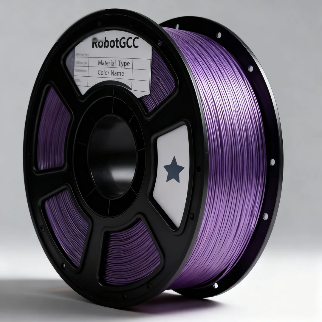 Spool of purple filament with 'RobotGCC' label on a gray background
