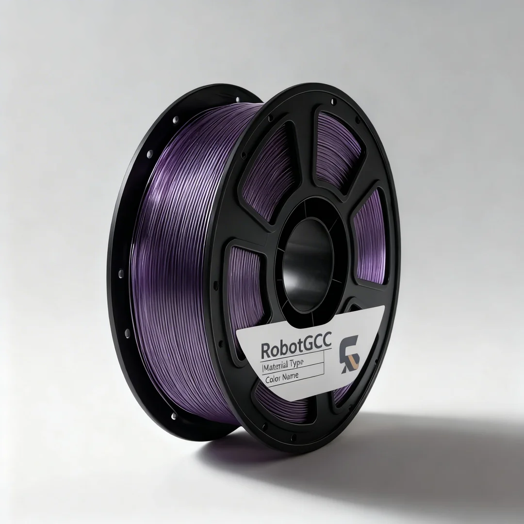 Spool of purple 3D printing filament with RobotGCC branding on a white background