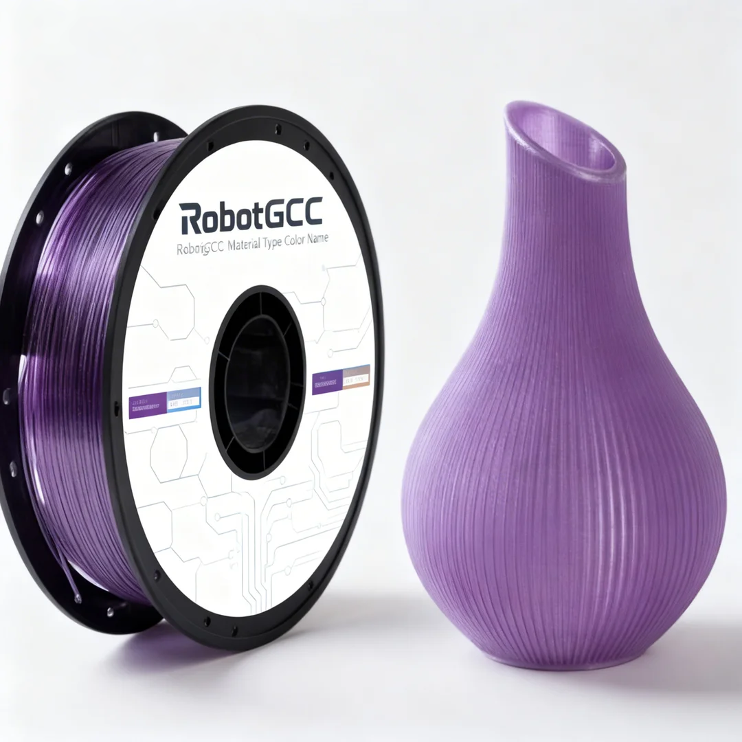Spool of purple 3D printing filament and a purple 3D printed vase on a white background with RobotGCC branding.