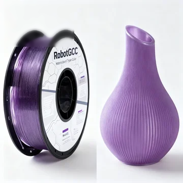 Spool of purple 3D printing filament and a purple 3D printed vase on a white background