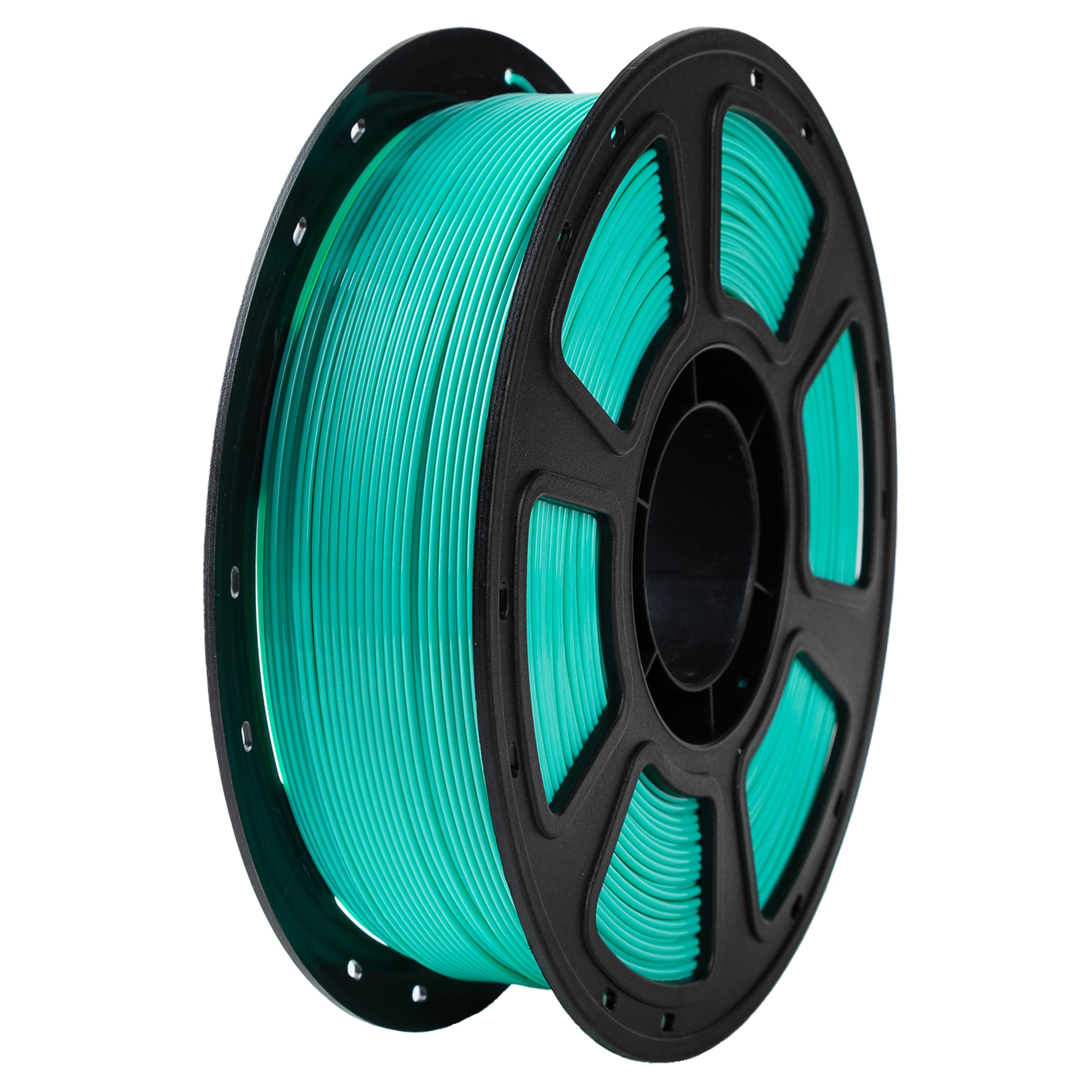 Spool of teal filament on a black spool