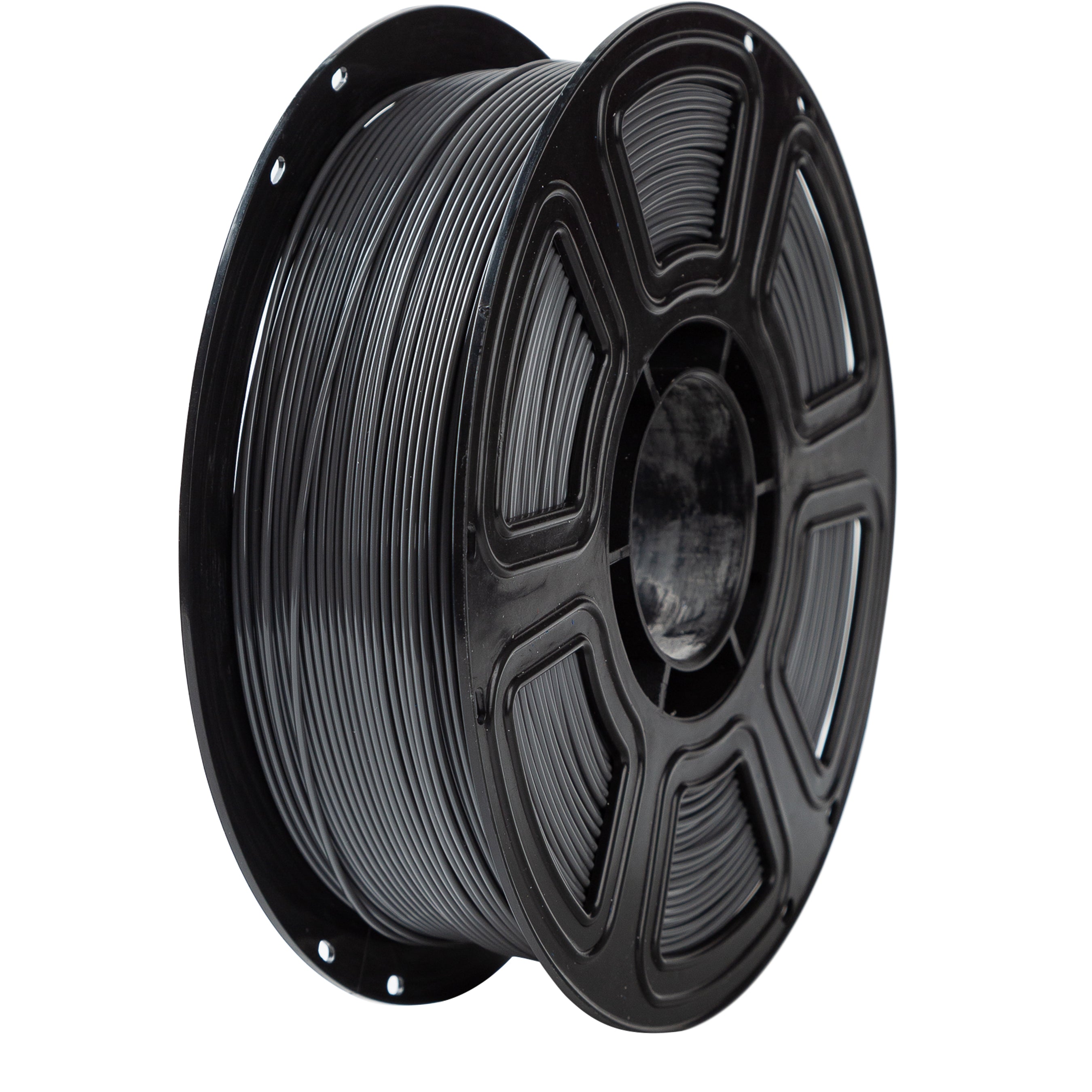 Spool of black filament on a white background