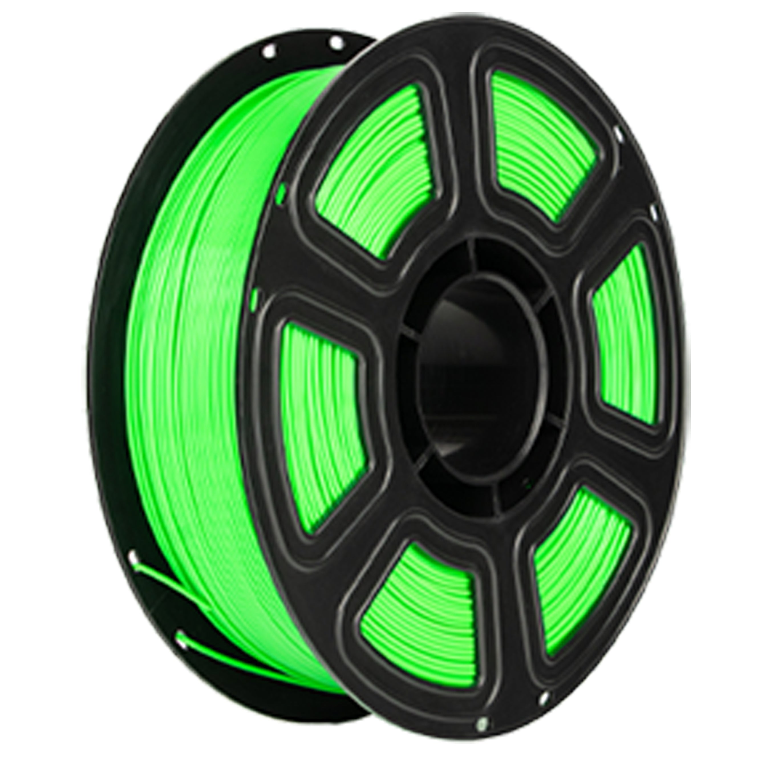 Spool of green filament on a white background
