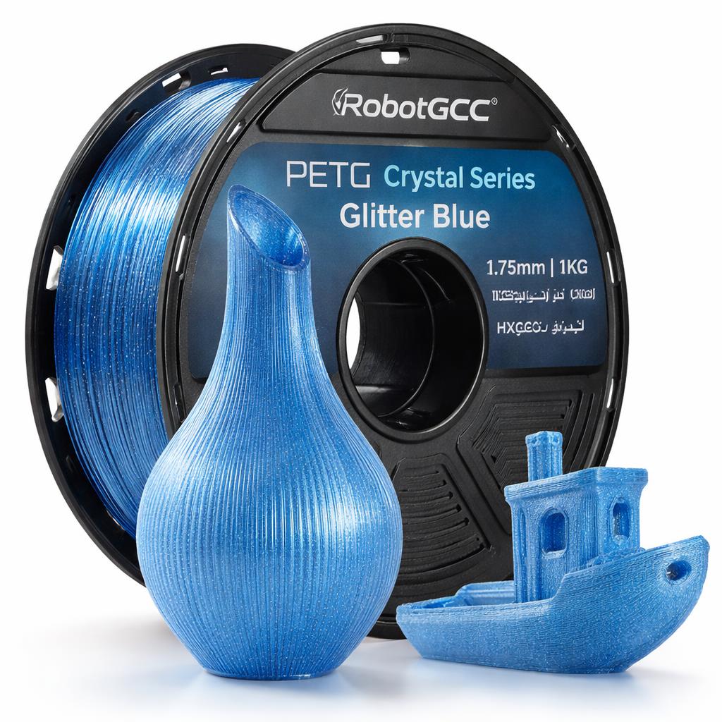 Spool of RobotGCC PETG filament with blue 3D printed object and model on a white background