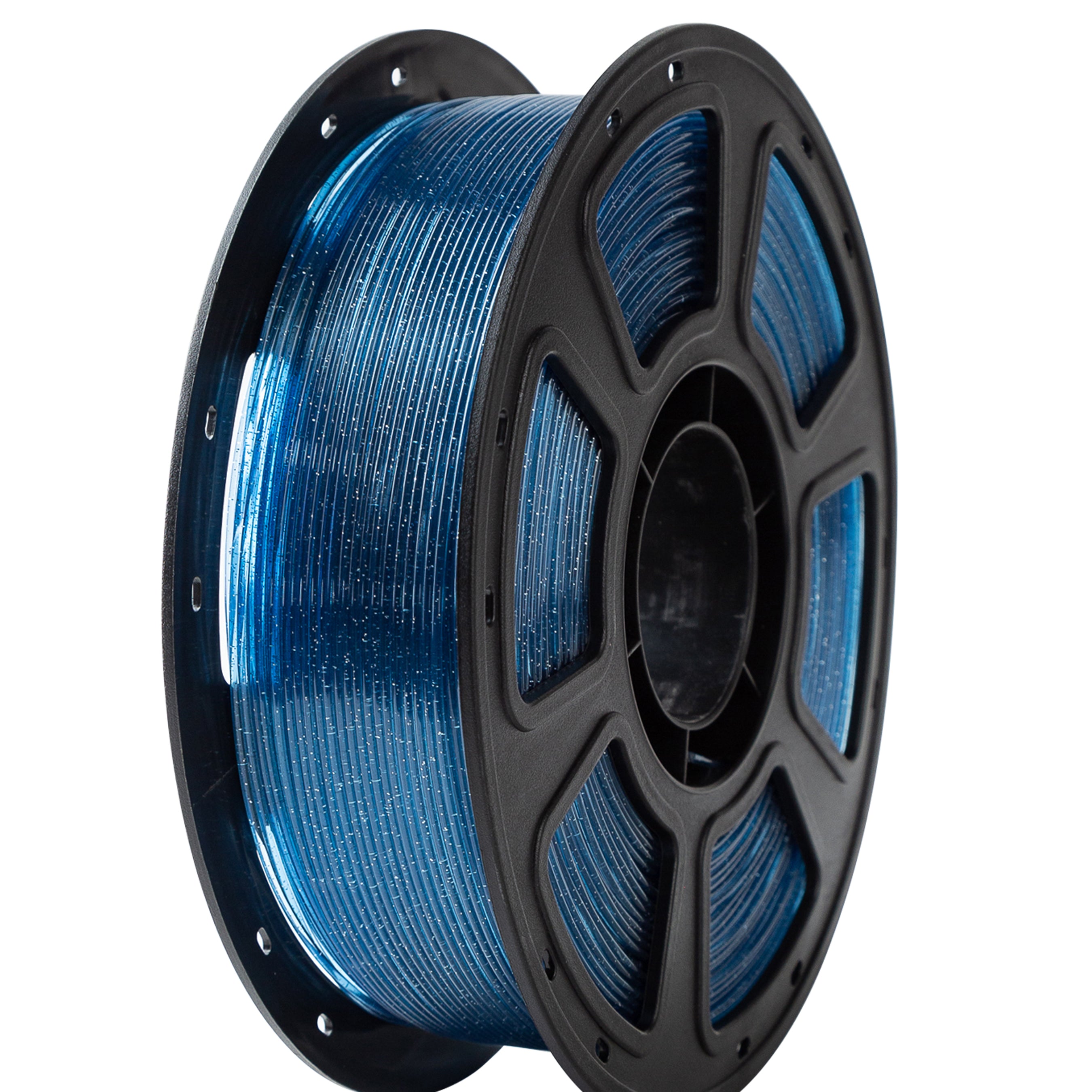 Spool of blue filament on a white background