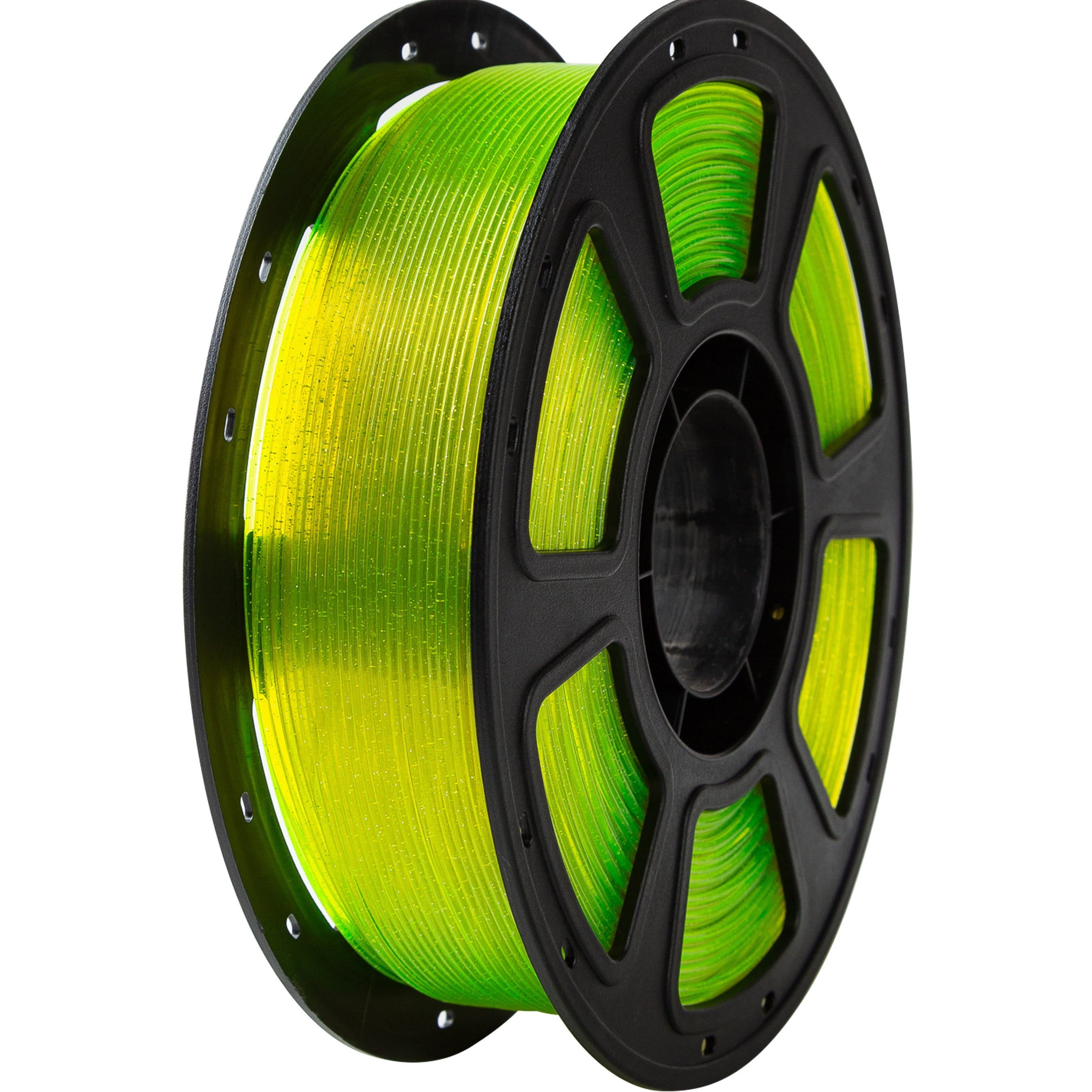 Spool of green filament on a black spool