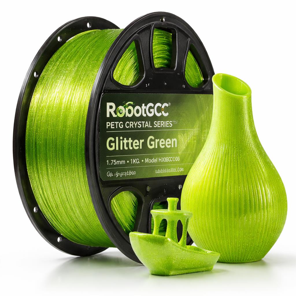 Spool of green 3D printing filament with a green 3D printed object on a white background