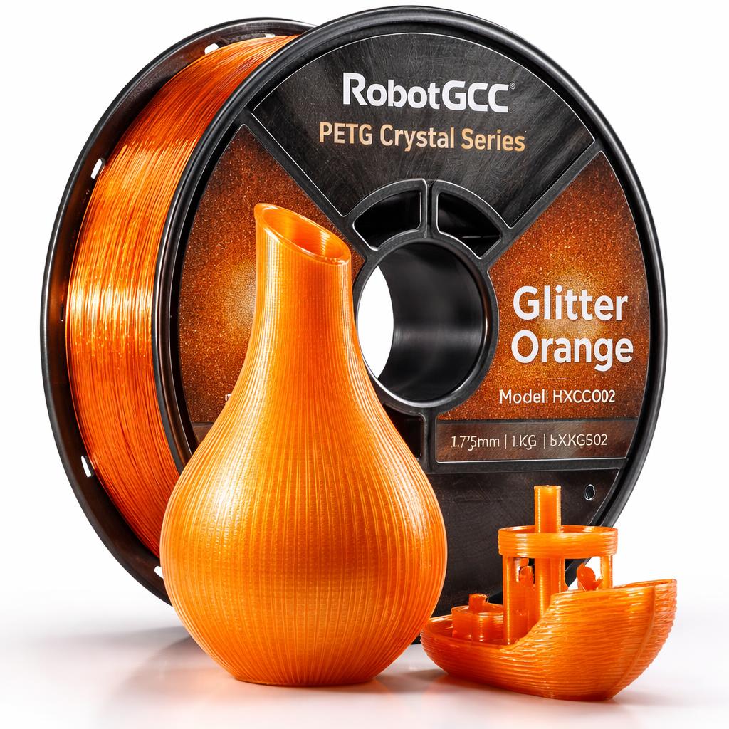 Orange 3D printed object and spool of RobotGCC Glitter Orange PETG filament on a white background