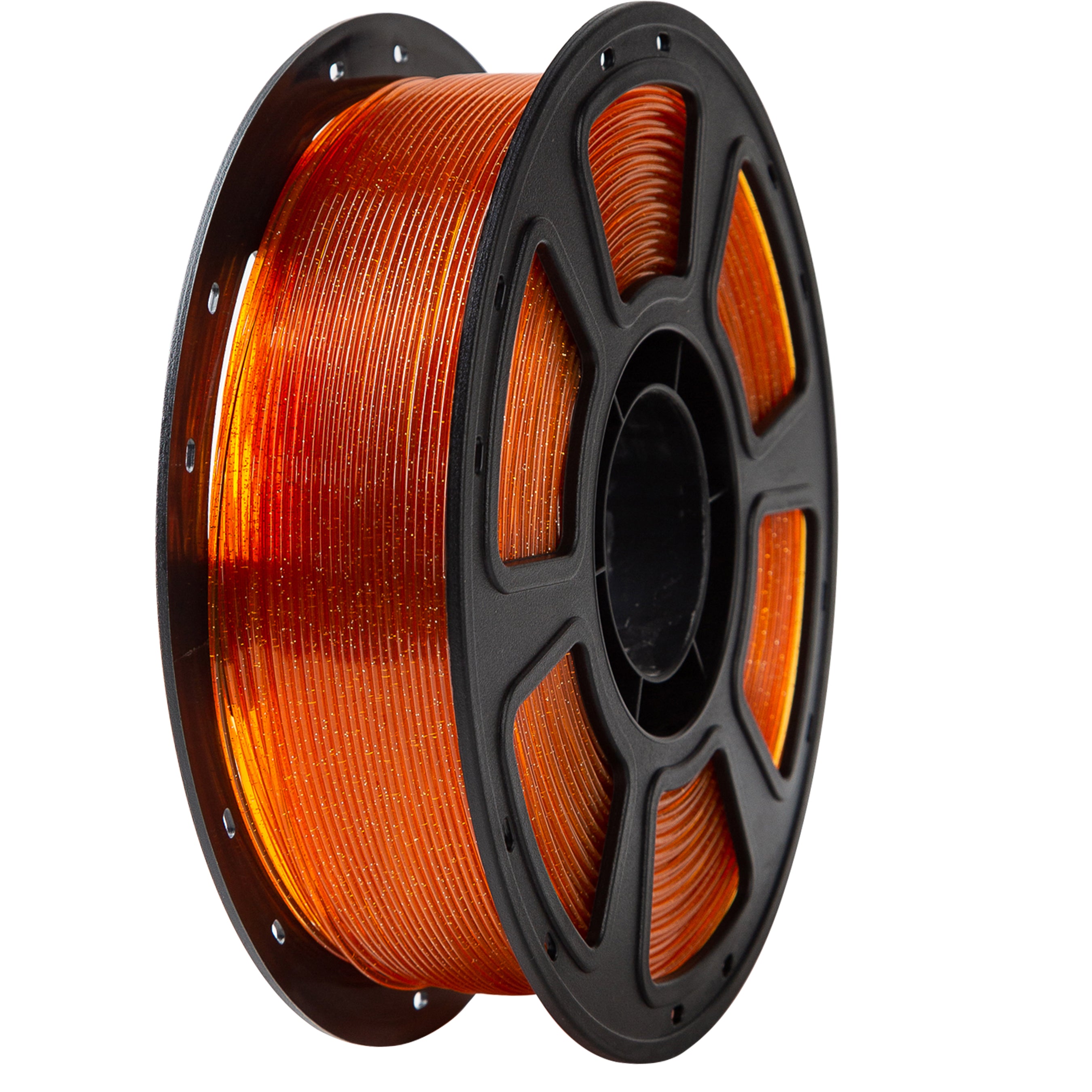 Spool of orange filament on a black spool with a white background