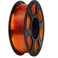 Spool of orange filament on a black spool with a white background