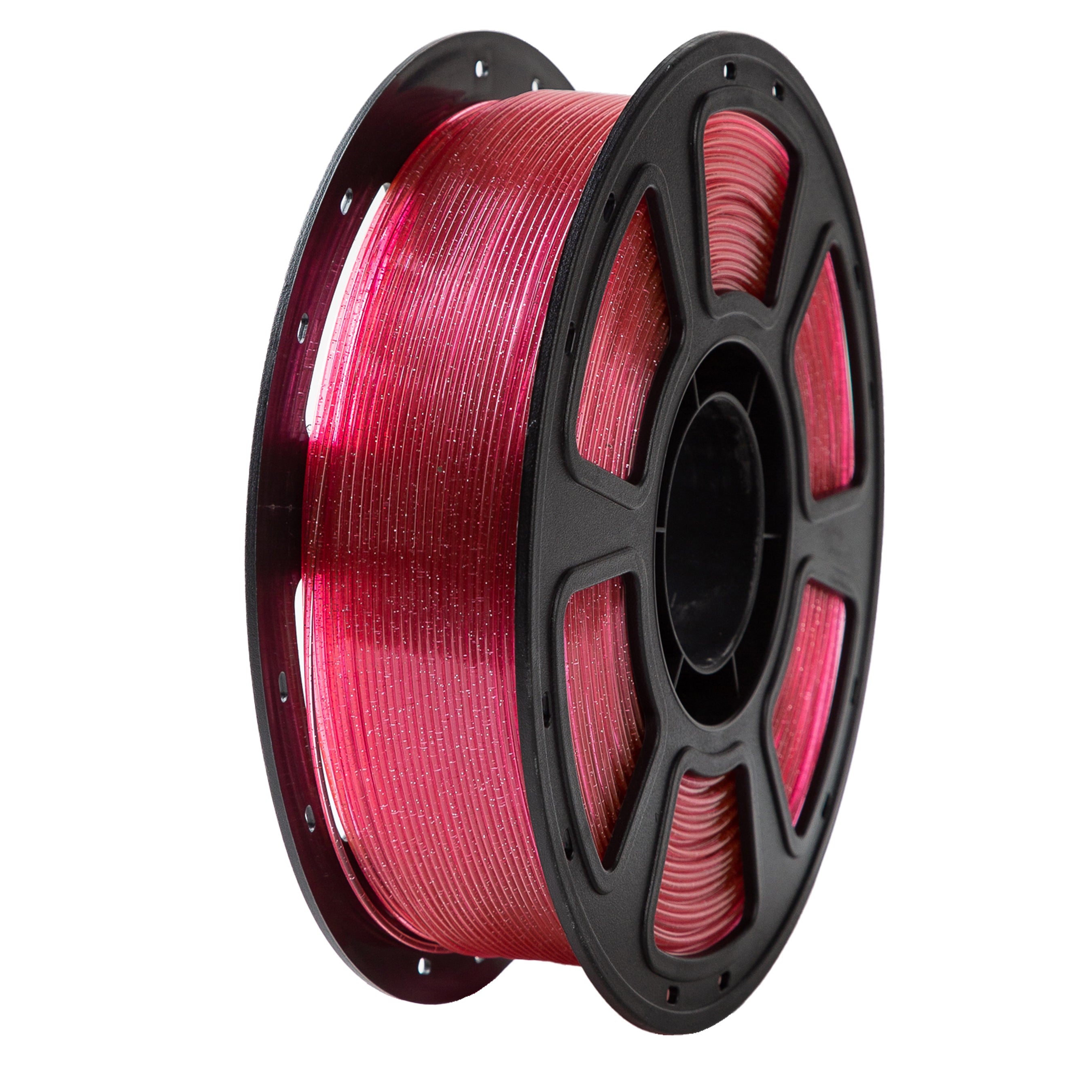 Spool of red filament on a white background
