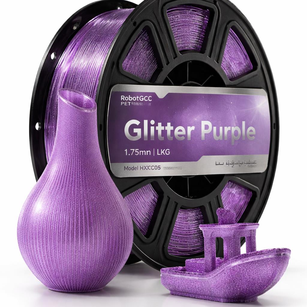 Spool of glitter purple 3D printing filament with a printed object on a white background