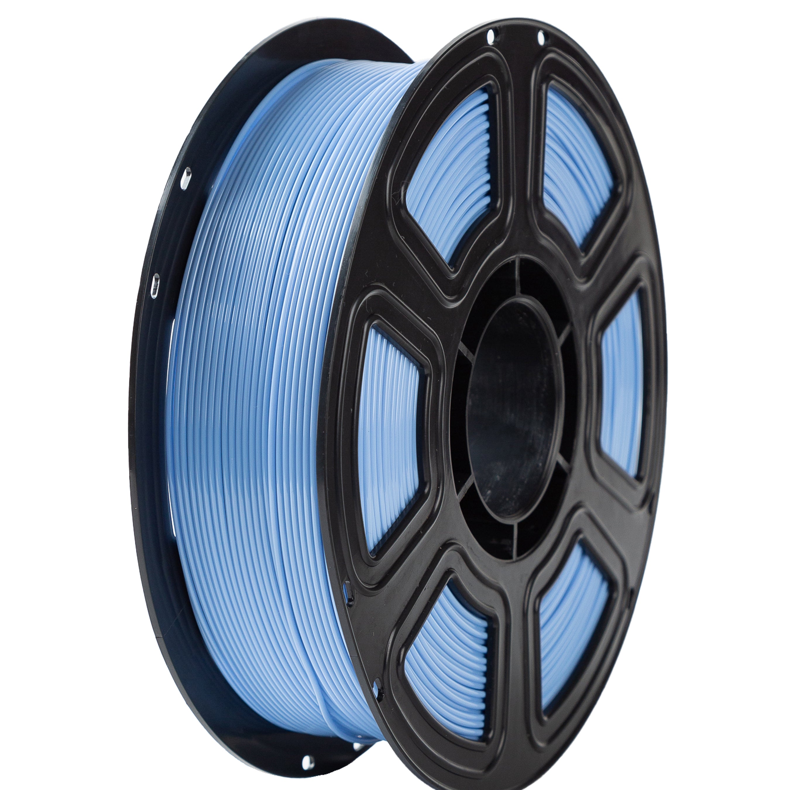 Spool of blue filament on a white background