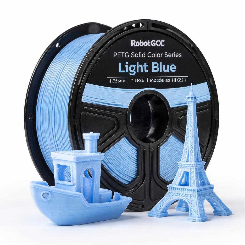 Spool of light blue 3D printing filament with 3D printed models on a white background
