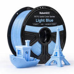 Spool of light blue 3D printing filament with 3D printed models on a white background