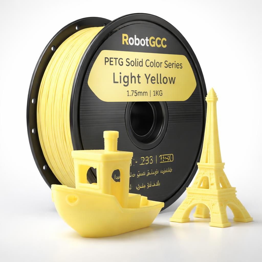Spool of RobotGCC light yellow 3D printing filament with small yellow models of a boat and Eiffel Tower.