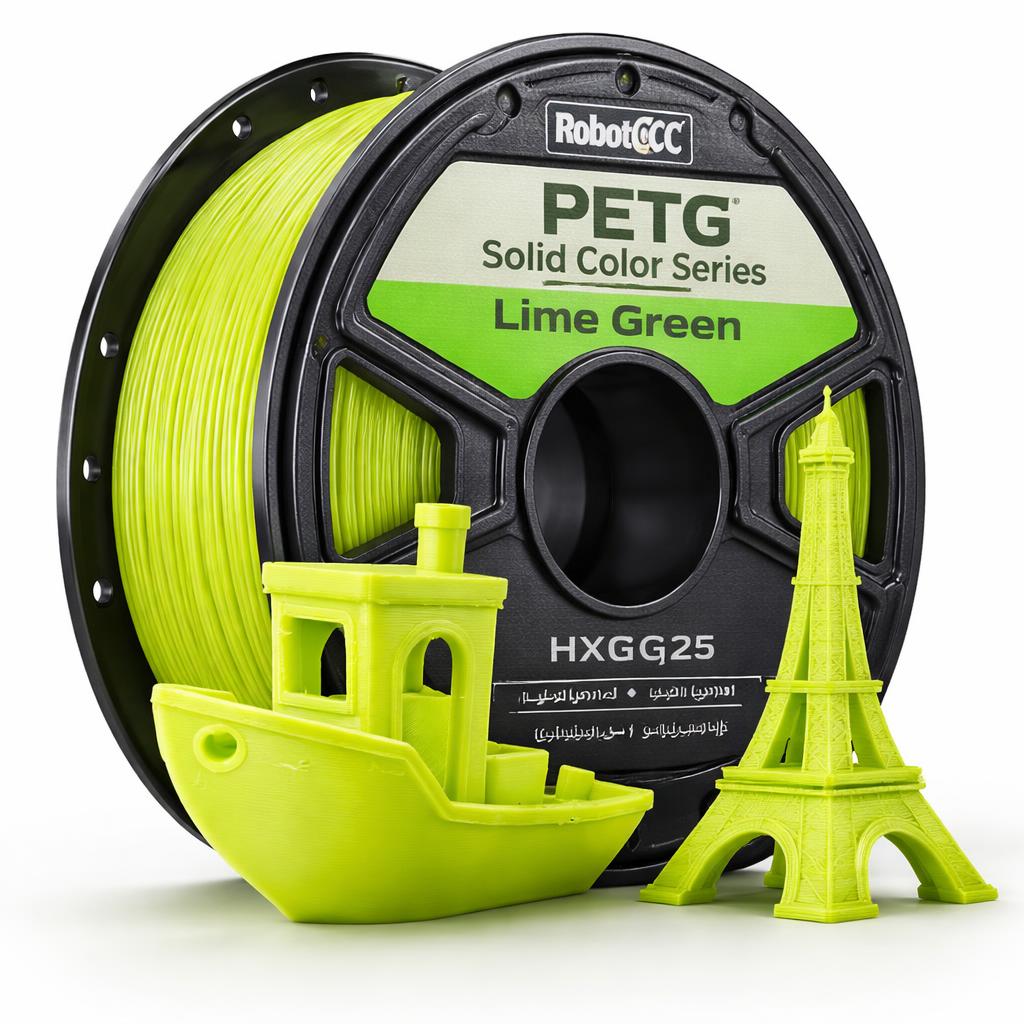 Spool of lime green PETG filament with 3D prints of a boat and Eiffel Tower on a white background