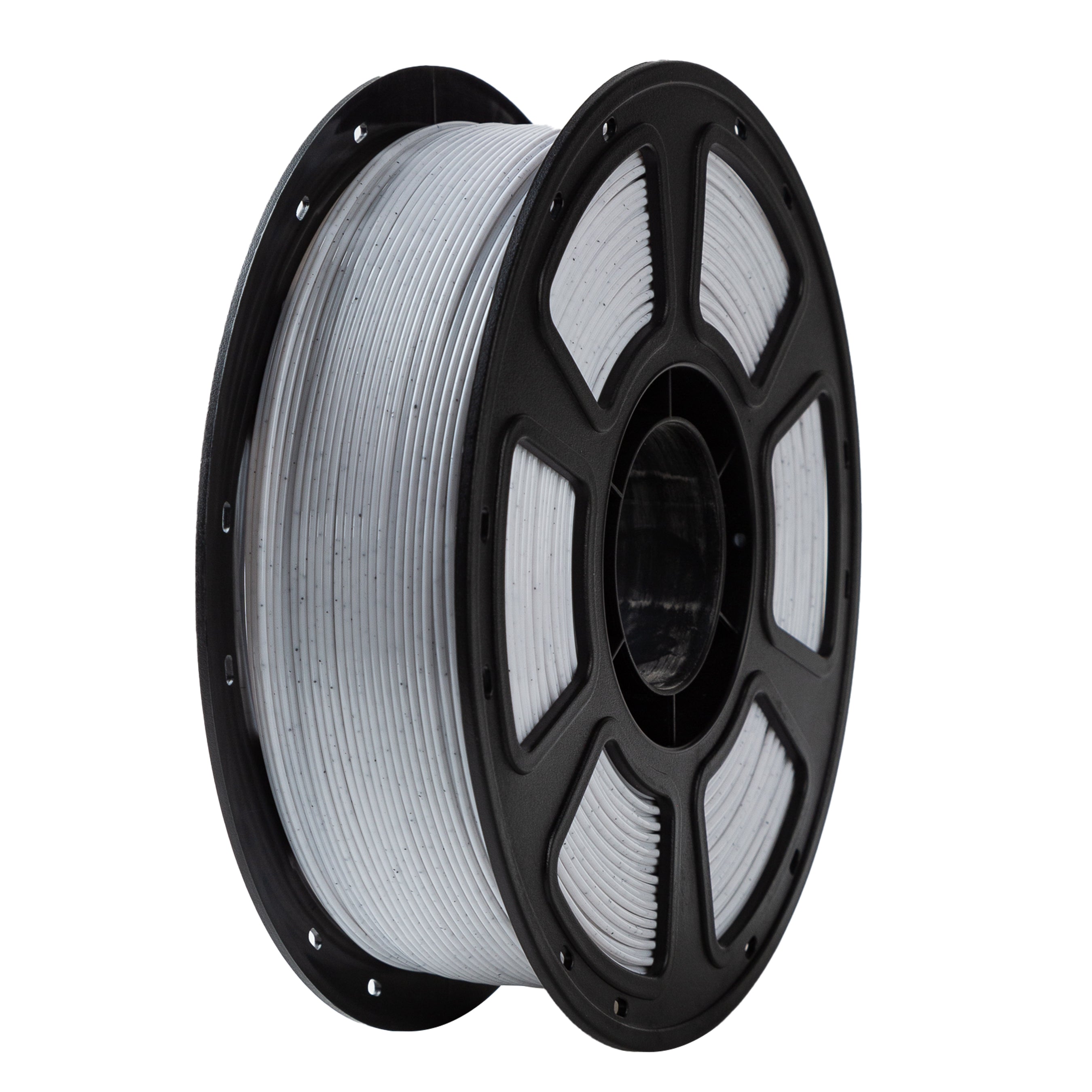 Spool of white filament on a black plastic spool