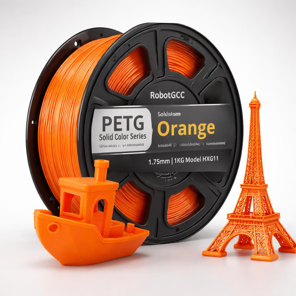 Spool of orange 3D printing filament with small models made from it on a white background