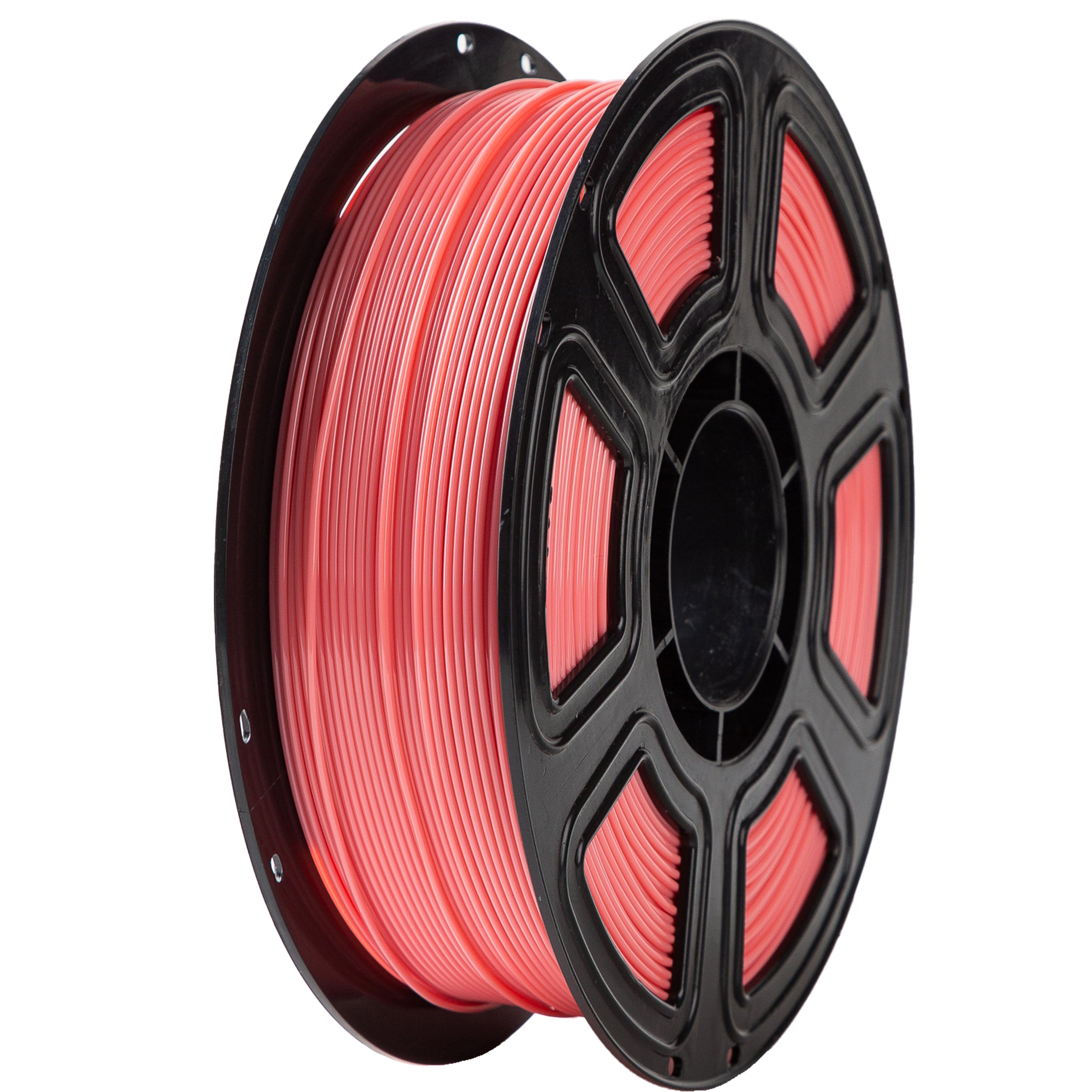 Spool of pink filament on a black plastic spool