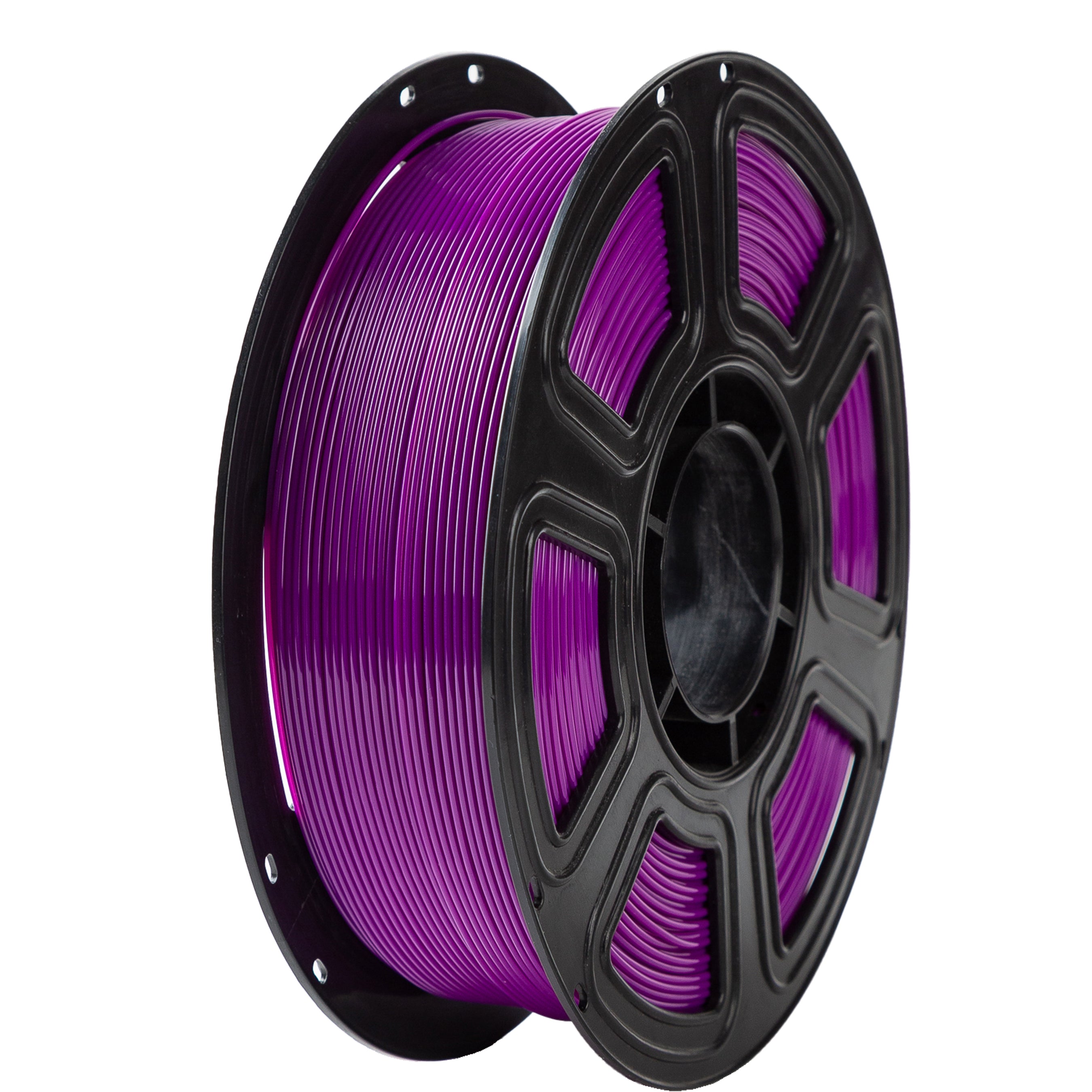 Spool of purple filament on a black reel against a white background