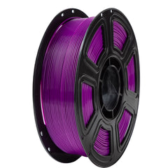 Spool of purple filament on a black reel against a white background