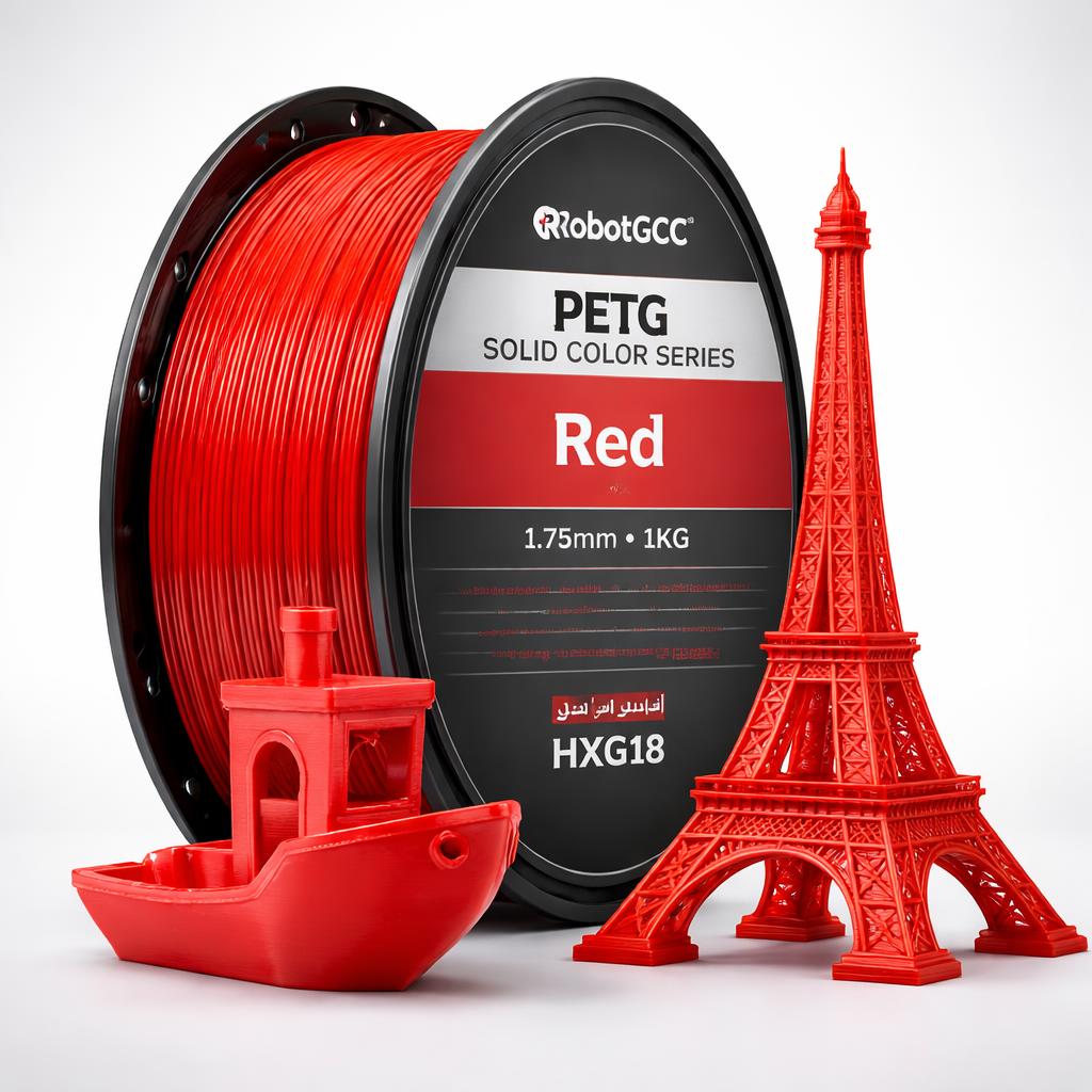 Red 3D printing filament spool with small red models of a boat and Eiffel Tower on a white background