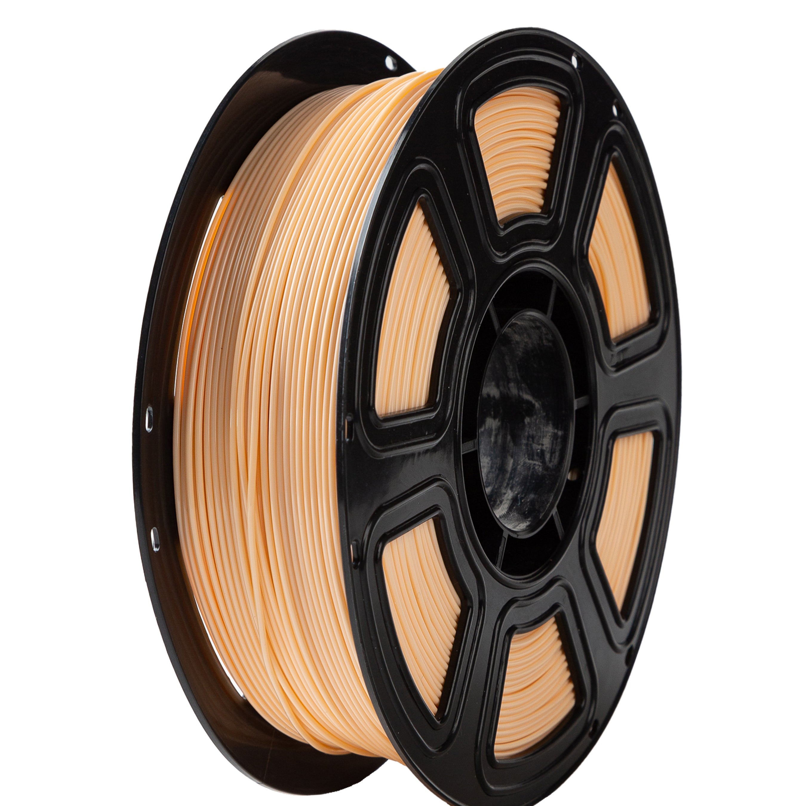 Spool of beige filament on a black spool with a white background