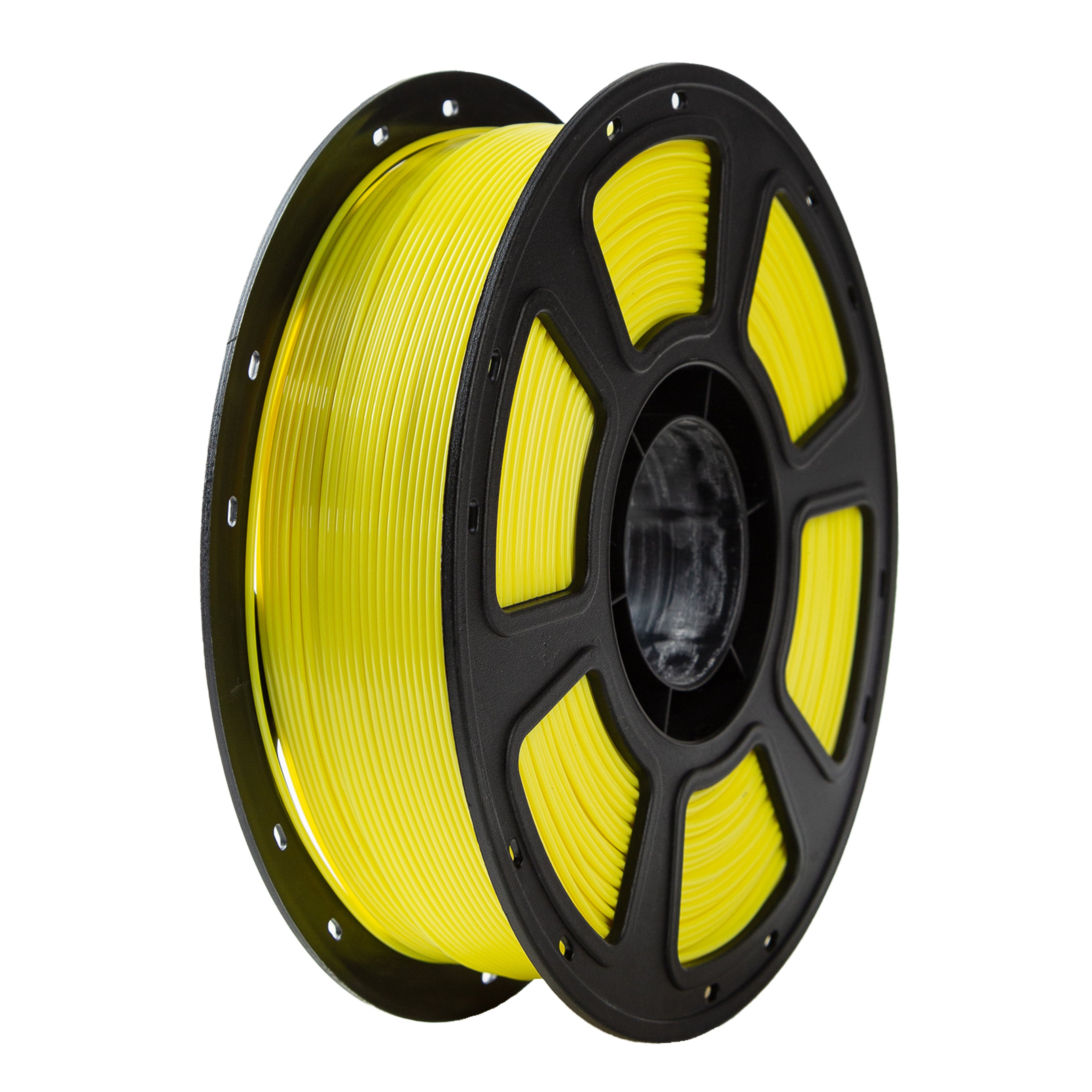 Spool of yellow filament on a black spool with a white background