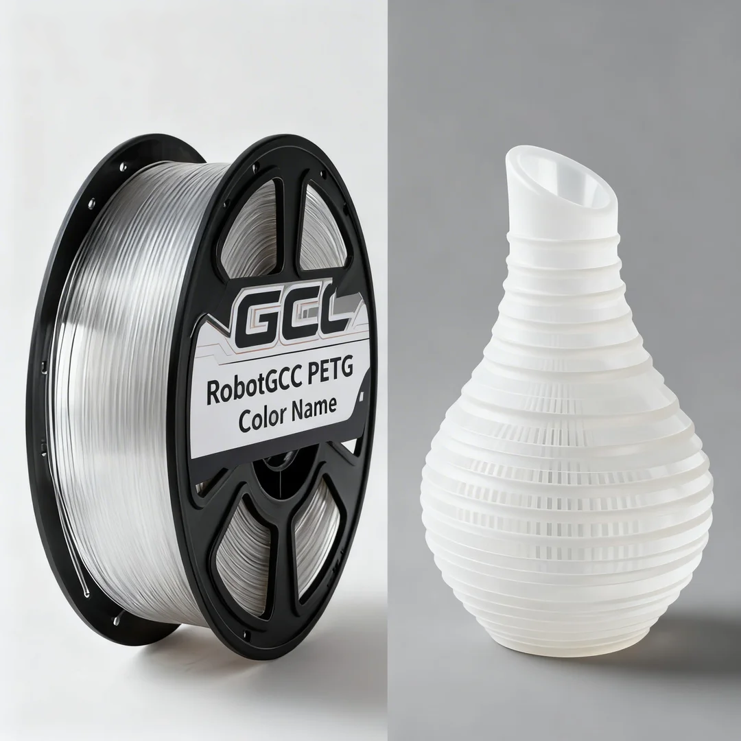 Spool of RobotGCC PETG filament and a 3D printed vase on a gray background