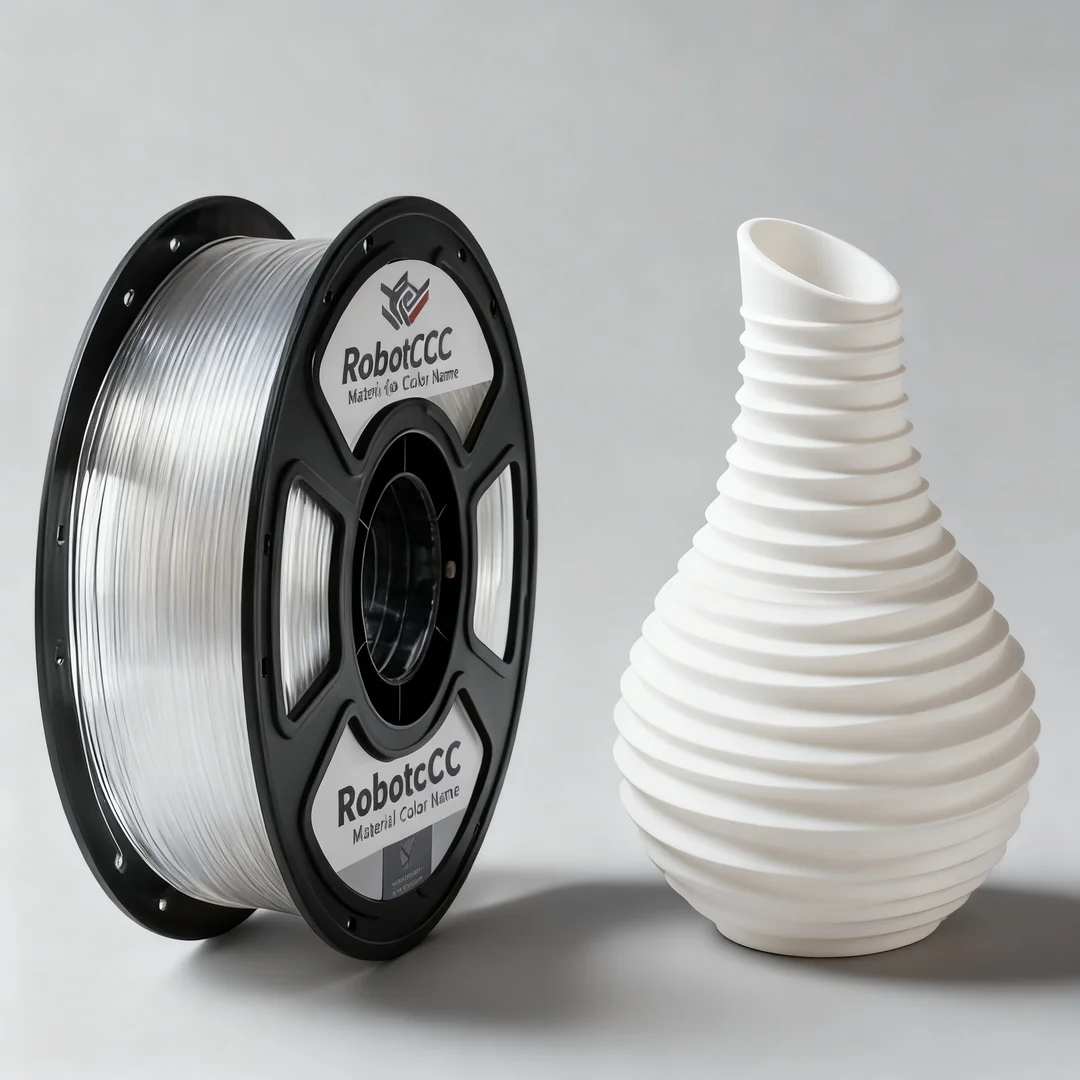 Spool of 3D printing filament next to a white 3D printed vase on a gray background