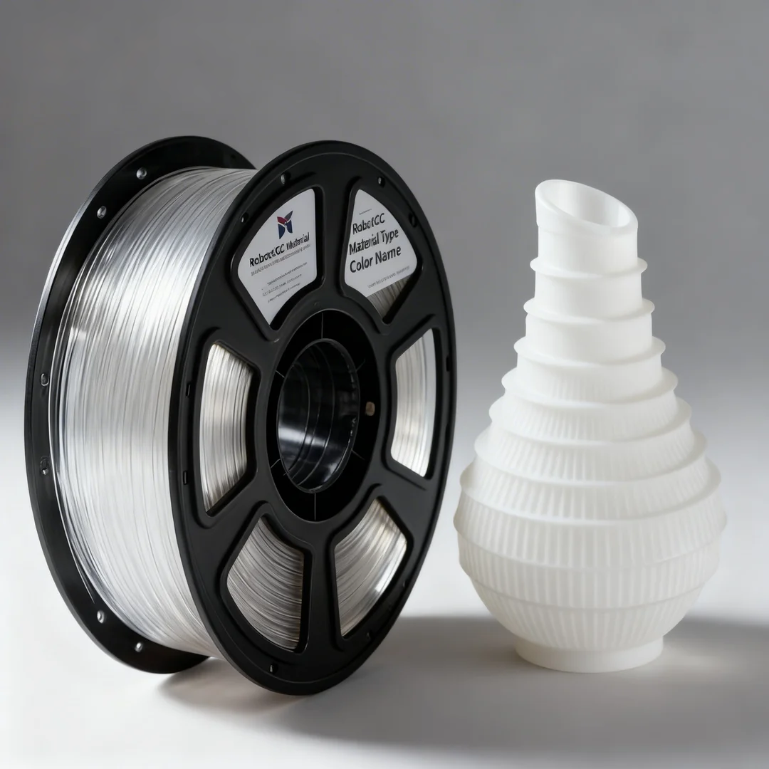 Spool of 3D printing filament and a white 3D printed vase on a gray background