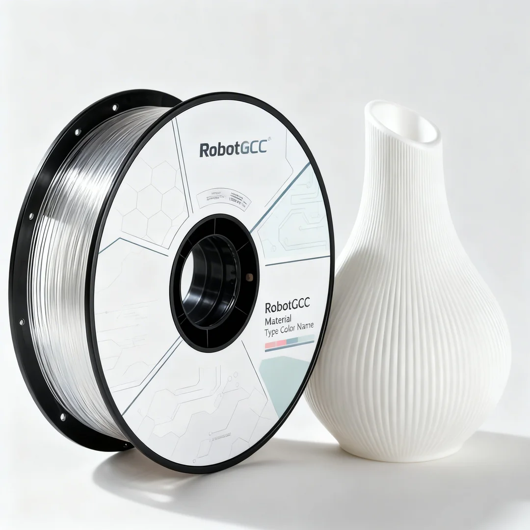 Spool of RobotGCC filament next to a 3D printed white vase on a white background
