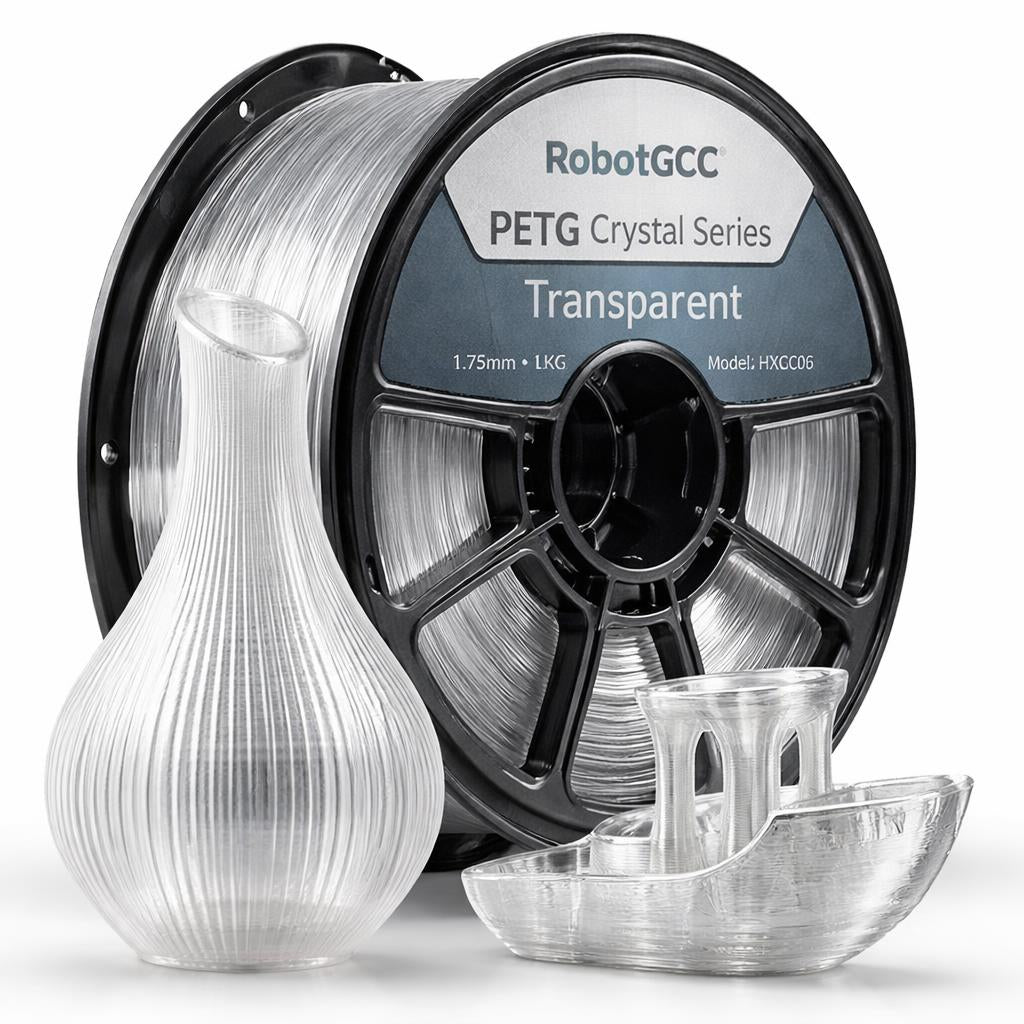 Transparent 3D printing filament spool with a clear printed object on a white background